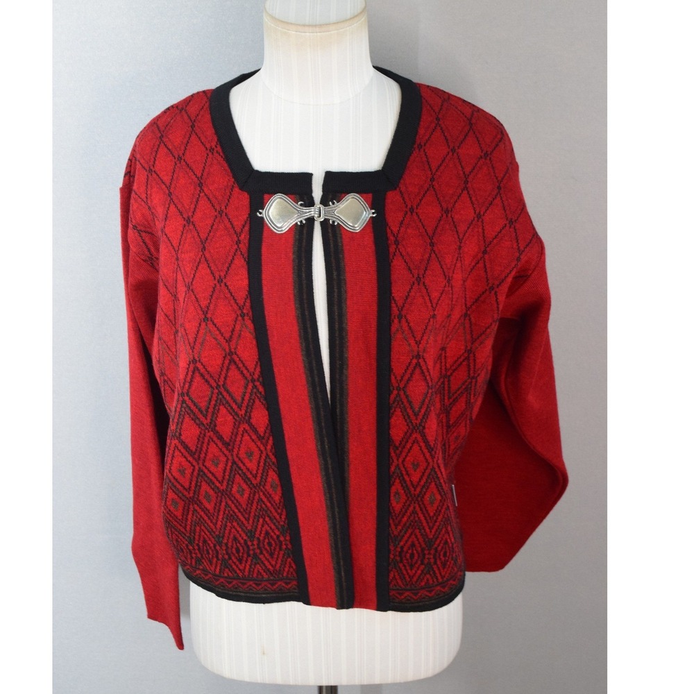 ODA of Norway Cardigan Small Red Black Wool Gerd Vikingstad Pewter Clasp Nordic